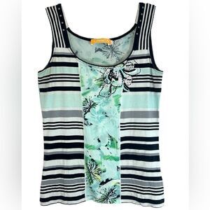 CRISCA Escada LADIES SHIRT MEDIUM GREEN TURQUOISE BLACK WHITE STUDDED BEADED